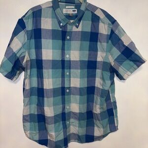 Old Navy Men Shirt XL Blue Plaid 100% Cotton Short Sleeve Button Down Collared